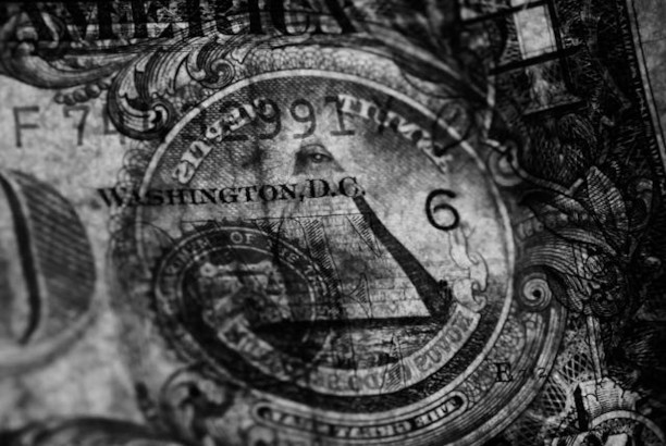 A grayscale photo of a U.S. banknote